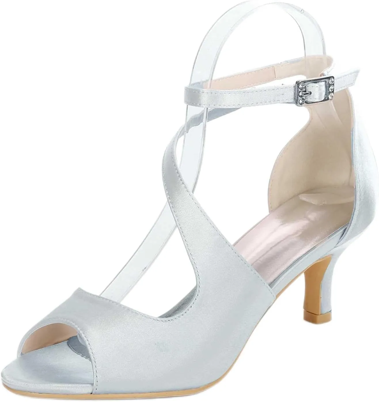 TarfiC Women Comfort Low Heel Sandals Buckle Stiletto Heels Open Toe Ankle Strap Satin Bridal Wedding Shoes