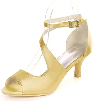 TarfiC Women Comfort Low Heel Sandals Buckle Stiletto Heels Open Toe Ankle Strap Satin Bridal Wedding Shoes
