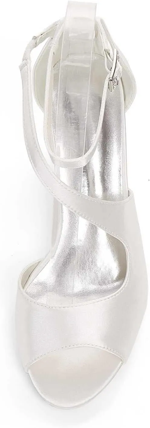TarfiC Women Comfort Low Heel Sandals Buckle Stiletto Heels Open Toe Ankle Strap Satin Bridal Wedding Shoes