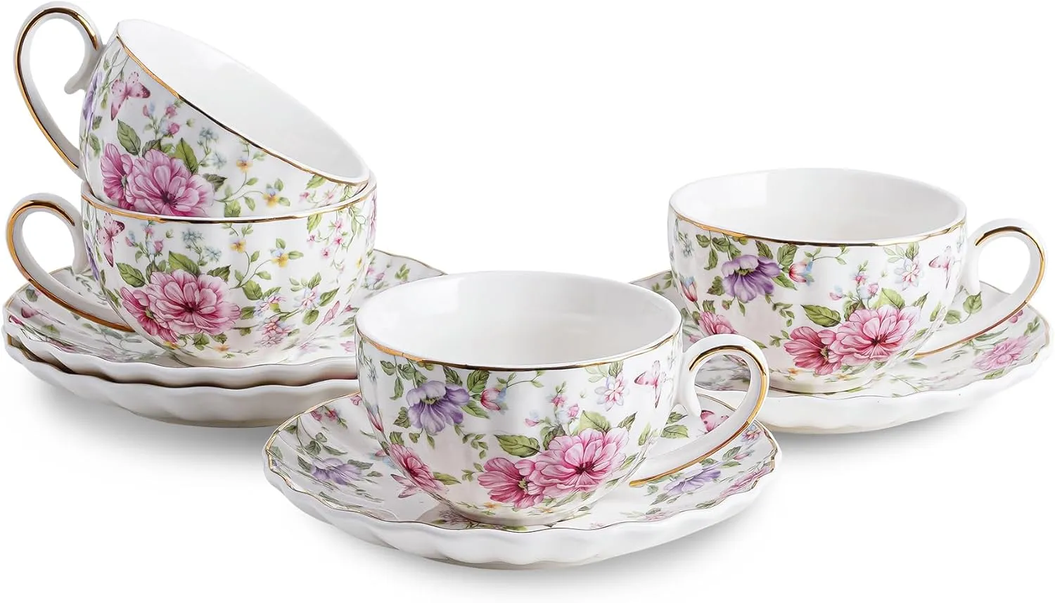 Tea Cup and Saucers, 6.4oz Floral Tea Cups with Gold Trim, Coffee Cappuccino Espresso Latte Mugs for Party Birthday,Christmas Gift (Pink and purple flowers)