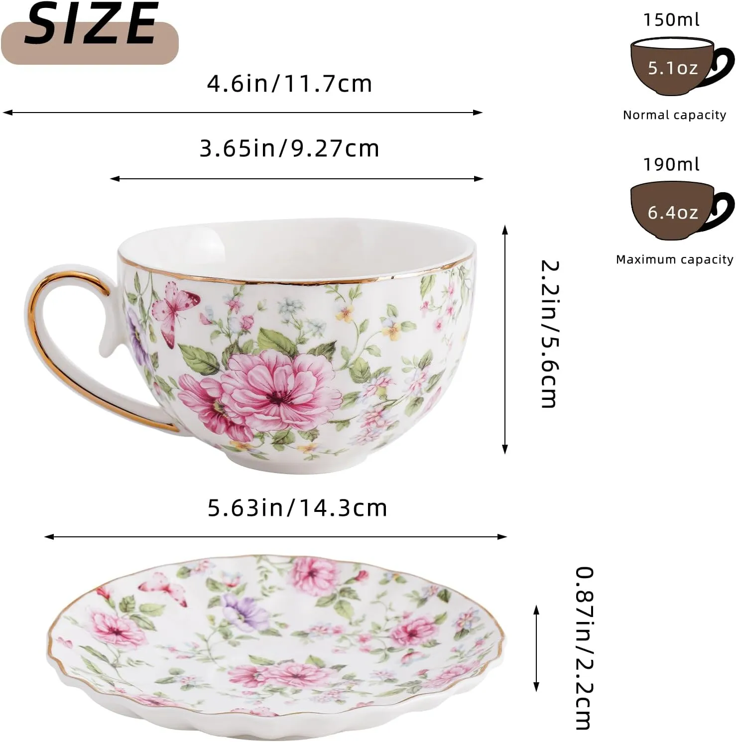 Tea Cup and Saucers, 6.4oz Floral Tea Cups with Gold Trim, Coffee Cappuccino Espresso Latte Mugs for Party Birthday,Christmas Gift (Pink and purple flowers)