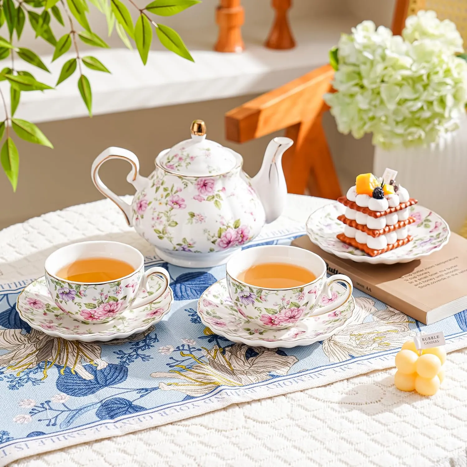 Tea Cup and Saucers, 6.4oz Floral Tea Cups with Gold Trim, Coffee Cappuccino Espresso Latte Mugs for Party Birthday,Christmas Gift (Pink and purple flowers)