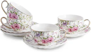 Tea Cup and Saucers, 6.4oz Floral Tea Cups with Gold Trim, Coffee Cappuccino Espresso Latte Mugs for Party Birthday,Christmas Gift (Pink and purple flowers)
