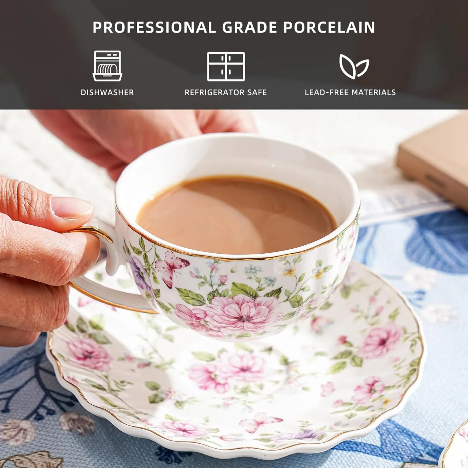 Tea Cup and Saucers, 6.4oz Floral Tea Cups with Gold Trim, Coffee Cappuccino Espresso Latte Mugs for Party Birthday,Christmas Gift (Pink and purple flowers)