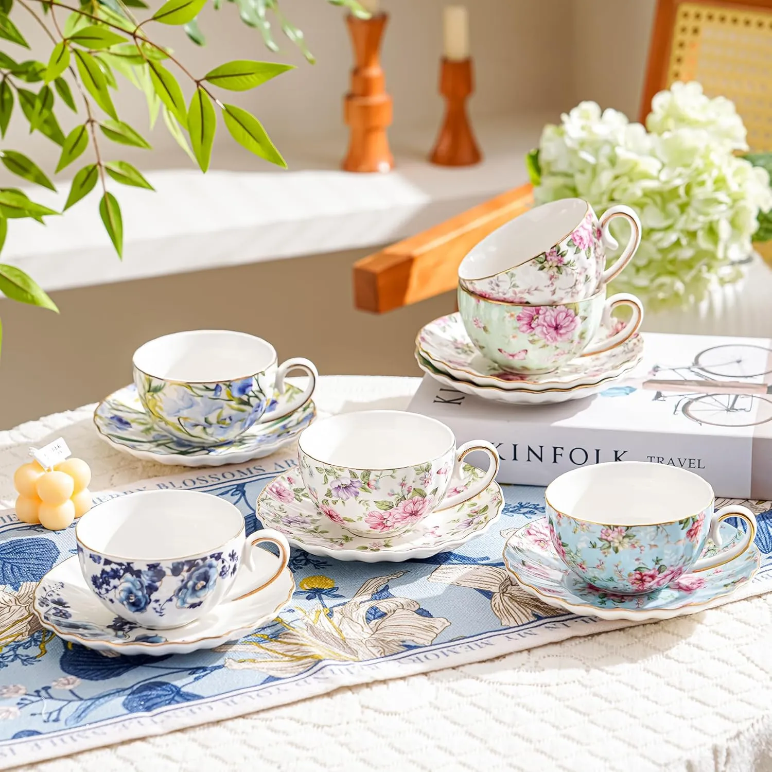 Tea Cup and Saucers, 6.4oz Floral Tea Cups with Gold Trim, Coffee Cappuccino Espresso Latte Mugs for Party Birthday,Christmas Gift (Pink and purple flowers)