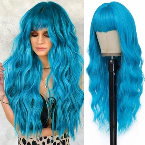 Teal Blue Wig with Bangs for Women Long Blue Wavy Wigs 26 Inch Blue Wigs Natural Looking Heat Resistant Synthetic Wig for Daily Party Use