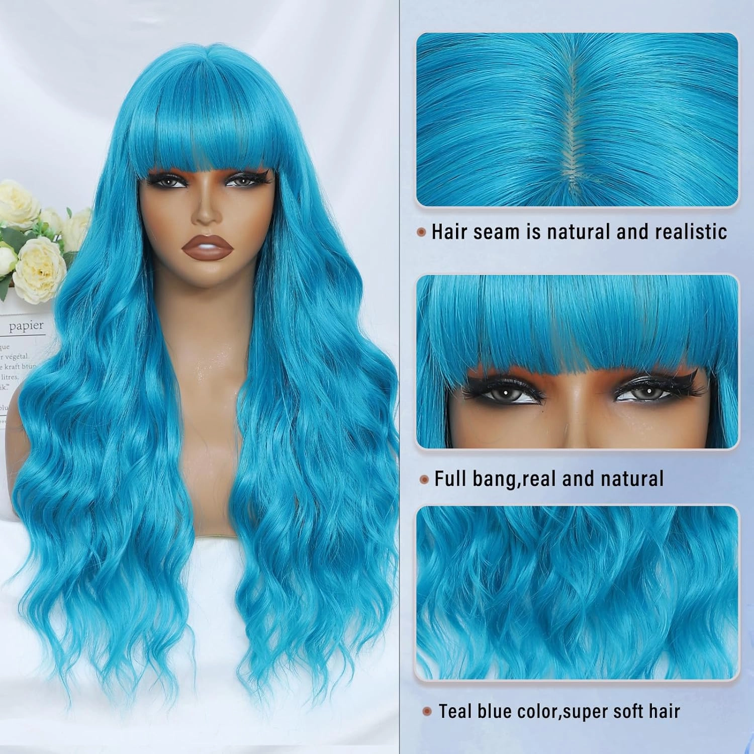 Teal Blue Wig with Bangs for Women Long Blue Wavy Wigs 26 Inch Blue Wigs Natural Looking Heat Resistant Synthetic Wig for Daily Party Use