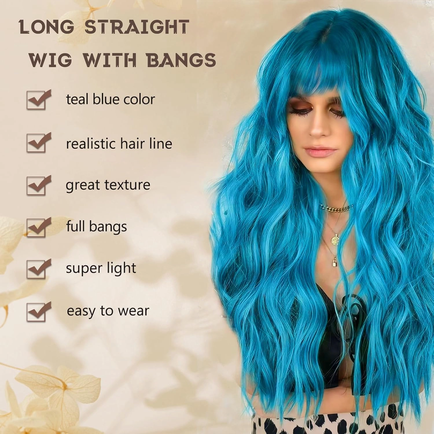 Teal Blue Wig with Bangs for Women Long Blue Wavy Wigs 26 Inch Blue Wigs Natural Looking Heat Resistant Synthetic Wig for Daily Party Use