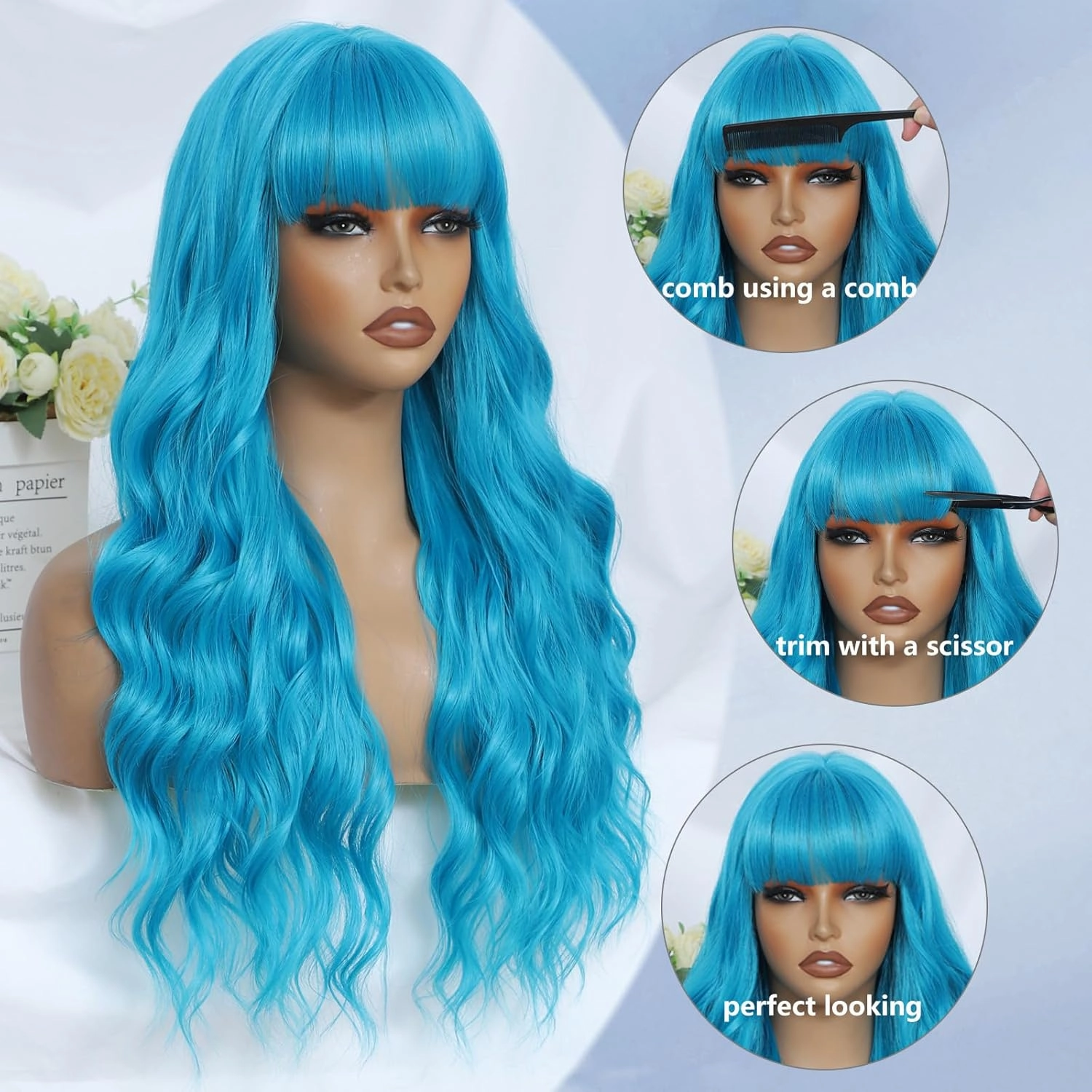 Teal Blue Wig with Bangs for Women Long Blue Wavy Wigs 26 Inch Blue Wigs Natural Looking Heat Resistant Synthetic Wig for Daily Party Use