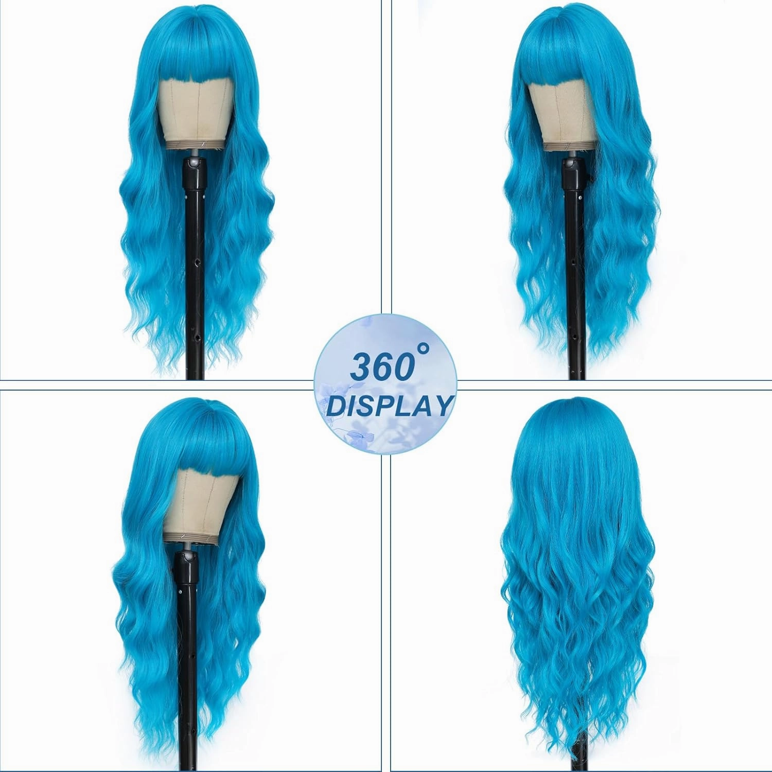 Teal Blue Wig with Bangs for Women Long Blue Wavy Wigs 26 Inch Blue Wigs Natural Looking Heat Resistant Synthetic Wig for Daily Party Use