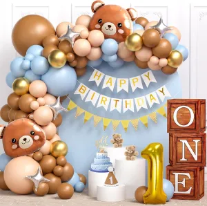 Teddy Bear 1st First Birthday Decorations for Boy, Wood Grain One Boxes Brown Nude Blue Balloon Arch Banner Hat Cake Topper Foil Balloon, Toddler Boy Teddy Bear Birthday Decorations