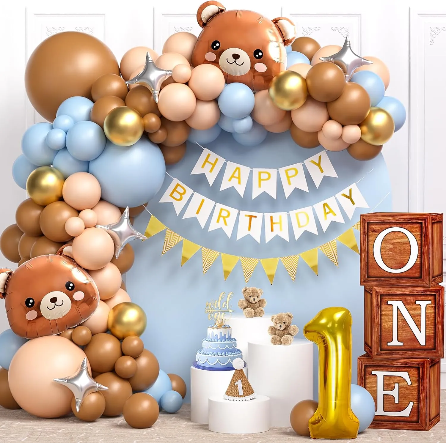 Teddy Bear 1st First Birthday Decorations for Boy, Wood Grain One Boxes Brown Nude Blue Balloon Arch Banner Hat Cake Topper Foil Balloon, Toddler Boy Teddy Bear Birthday Decorations