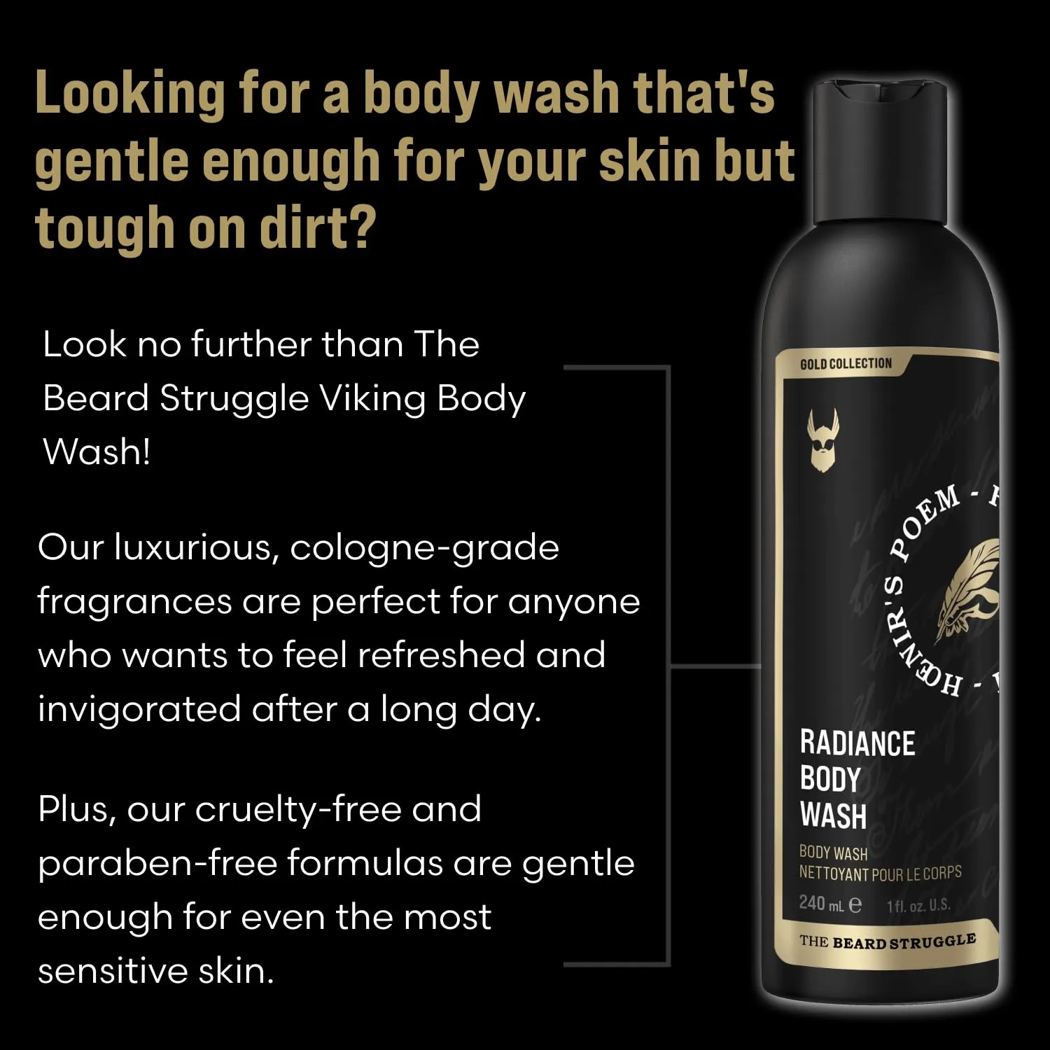 The Beard Struggle Men's Body Wash Hoenir's Poem - Gold Collection - Skin Cleaning Agent - Natural Body Wash - Shower Gel Liquid Soap - 240 mL / 8 US. fl. oz.