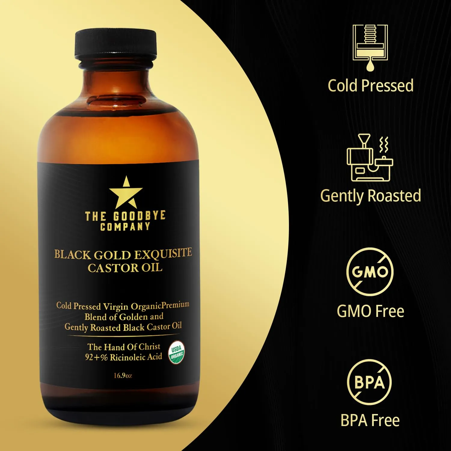 The Goodbye Company Black & Gold Castor Oil Blend – USDA Organic, Cold-Pressed & Unrefined – Pure Hexane-Free Oil for Hair, Skin, Body, Eyelashes & Eyebrows