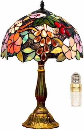 Tiffany Table Lamp for Living Room Stained Glass Grape Rose Hand-Made Table Lamp for Bedroom 12X12X18Inch Tall Bedside Nightstand Lamps Home Deco Office Desk Lamp W/LED E26 Bulb
