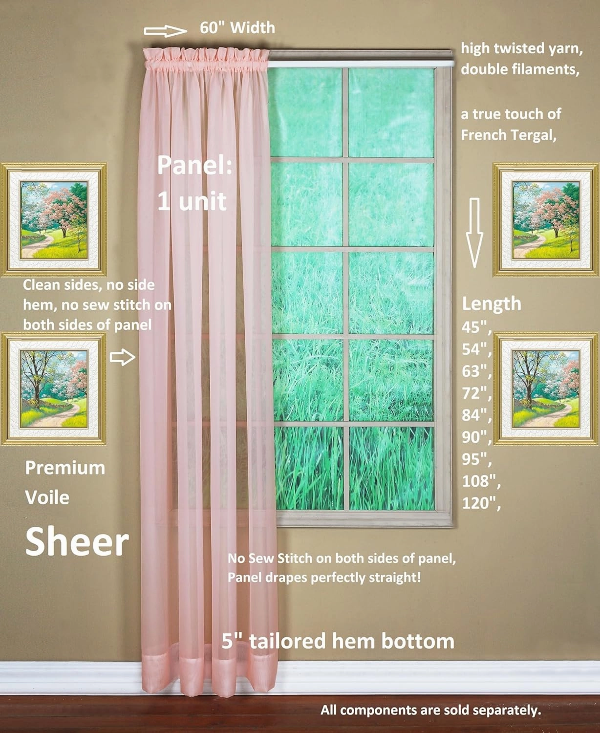 Today's Curtain Emelia Original Voile Panel 84", Rose, 60" W x 84" L