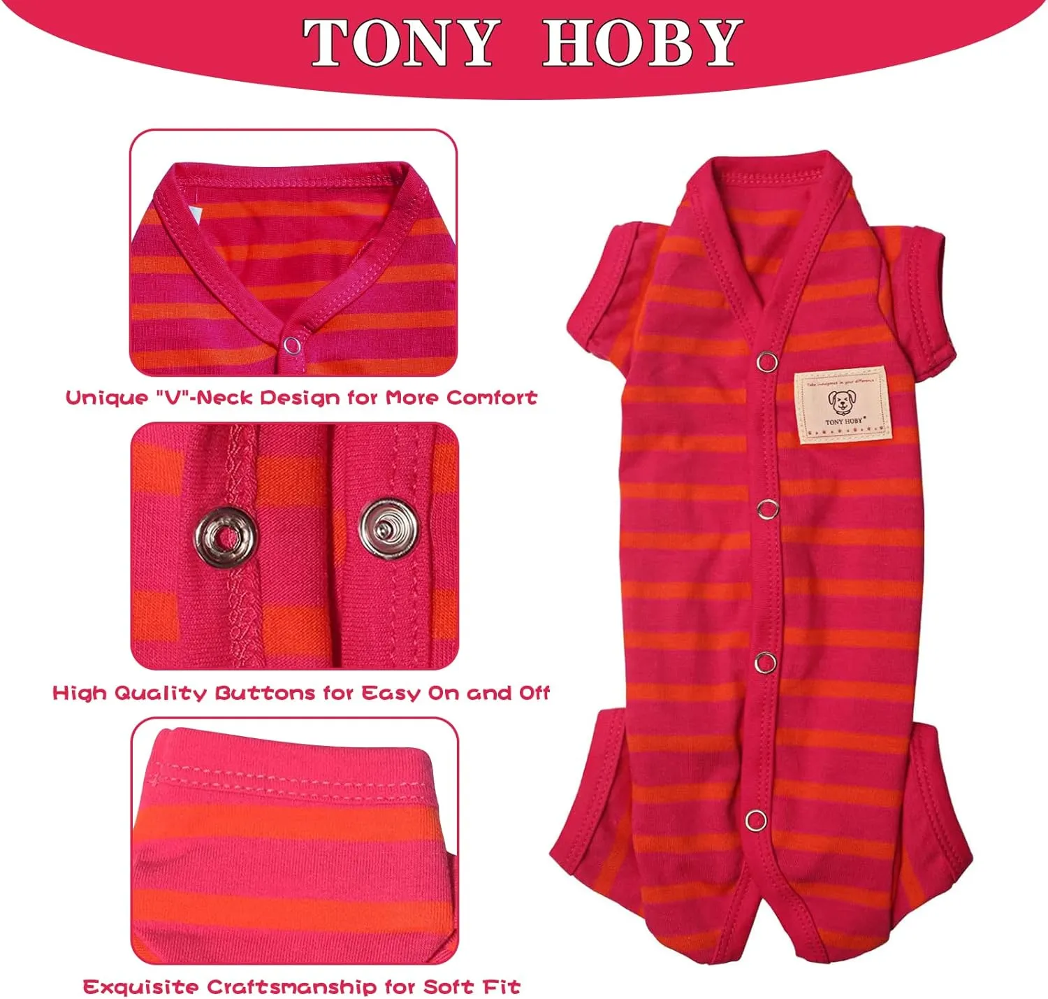 TONY HOBY Female/Male Dog Pajamas, Dog Jumpsuit 4 Legged Pajamas with Stripes, Soft Cotton for Comfortable Sleep (Rose Red&Orange, Boy, XL)