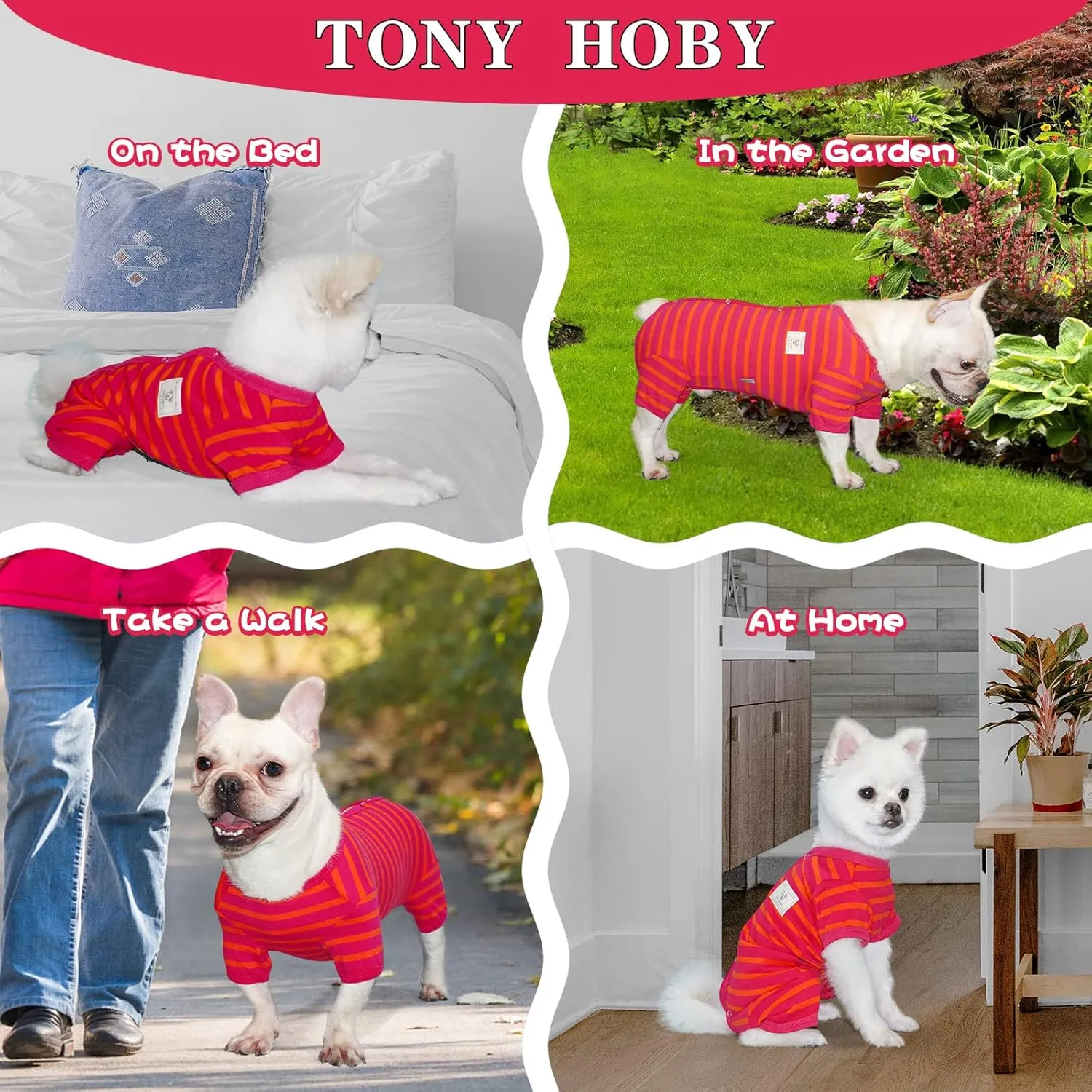TONY HOBY Female/Male Dog Pajamas, Dog Jumpsuit 4 Legged Pajamas with Stripes, Soft Cotton for Comfortable Sleep (Rose Red&Orange, Boy, XL)