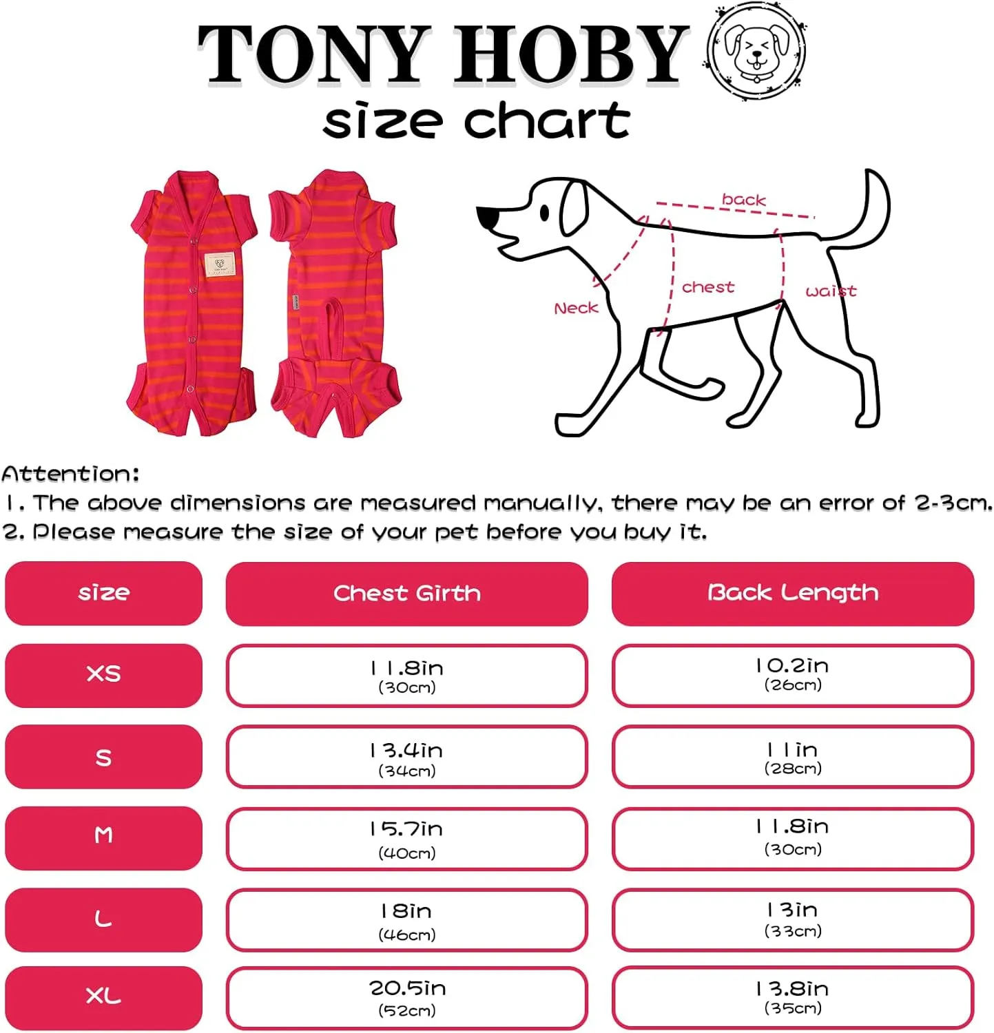TONY HOBY Female/Male Dog Pajamas, Dog Jumpsuit 4 Legged Pajamas with Stripes, Soft Cotton for Comfortable Sleep (Rose Red&Orange, Boy, XL)