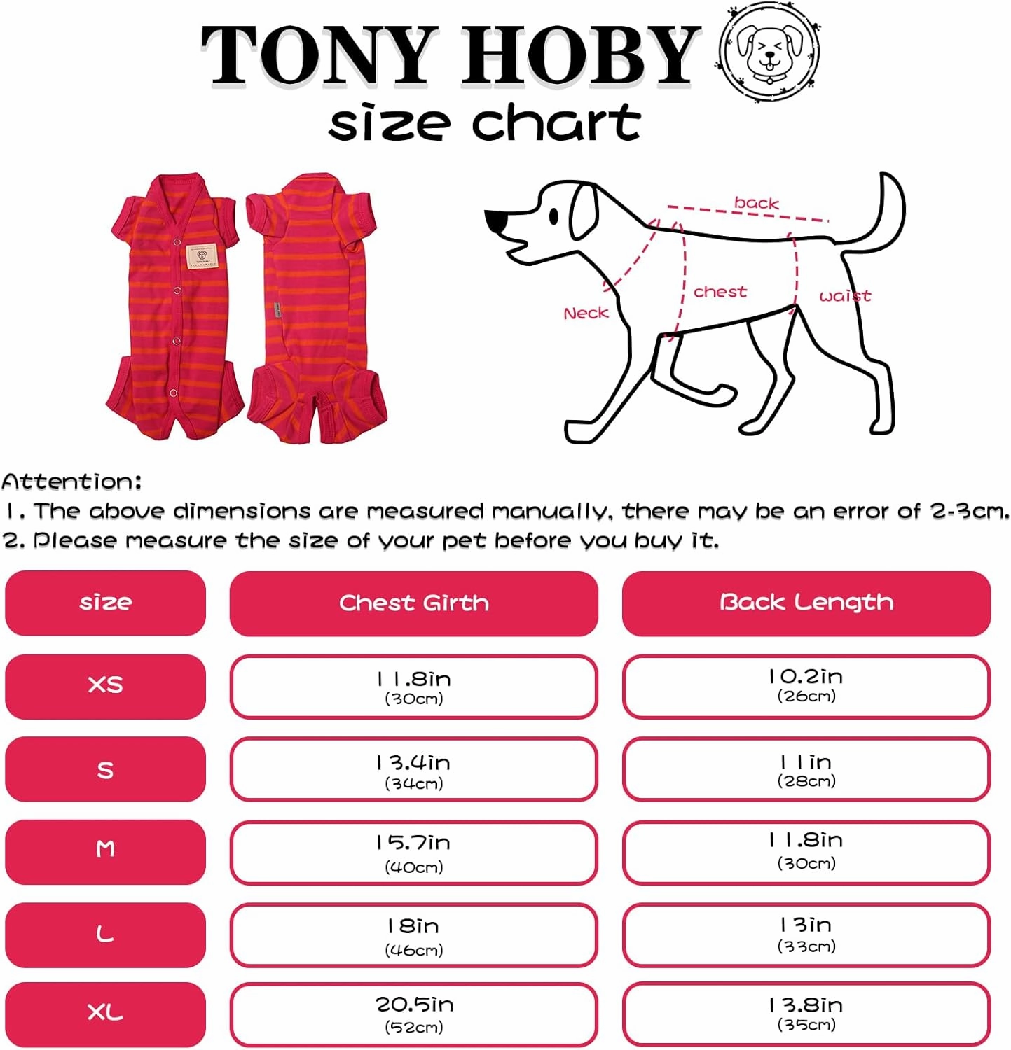 TONY HOBY Dog Pajamas, Female/Male Dog 4 Legged Pajamas, Soft Cotton Dogs Jumpsuit with Stripes (Rose Red&Orange, Girl, L)
