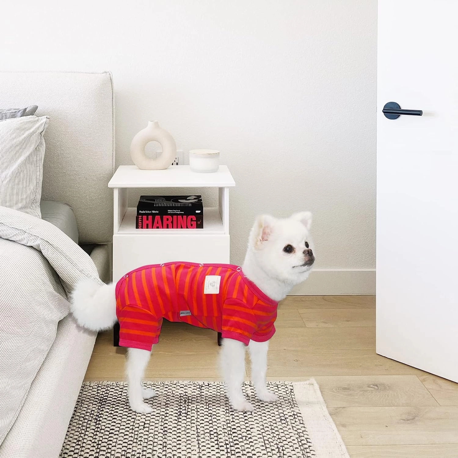 TONY HOBY Dog Pajamas, Female/Male Dog 4 Legged Pajamas, Soft Cotton Dogs Jumpsuit with Stripes (Rose Red&Orange, Girl, XL)