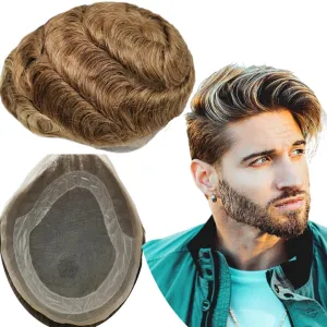 Toupee for Men men hair pieces Mens Toupee Wavy Prosthesis Replacement System 100% European Real Human Hair Men Lace Hair System Fine French Lace with PU Around (#4/27/613 Blonde, 8x10)