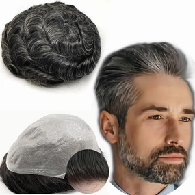 Toupee for Men 8x10 men hair pieces Mens Wavy Prosthesis Units Replacement 100% European Real Human Hair Mens Hairpieces Hair System 0.04mm Soft Thin Skin PU V-loop #1B40 Black and Gray