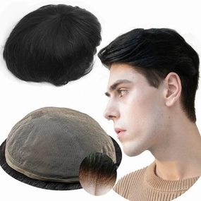 Toupee for Men - Real Human Hair Replacement System - Fine French Lace Hairpiece - Customizable Hair Units - Natural-Looking Hair Pieces - Hair Prosthesis - #1 Jet Black - 8x10