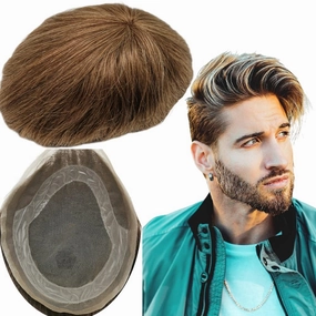 Toupee for Men Men Straight Hair Pieces Mens Toupee Human Hair Replacement System 100% European Real Human Hair Prosthesis System Fine French Lace with PU Around (#4/27/613 Blonde, 8x10)