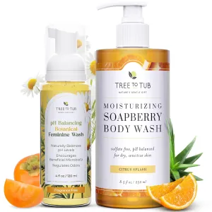 Tree to Tub Botanical Feminine Wash & Moisturizing Body Wash Bundle – Gentle Daily Cleansers with Soapberry, Rose Water, Persimmon, Aloe & Shea Butter for Delicate Skin and Intimate Care