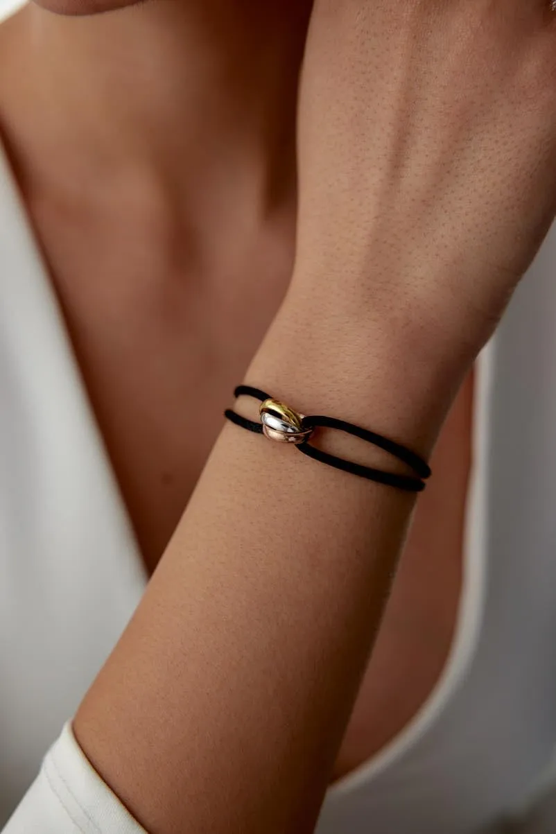 TRINITY BRACELET - 3 TONE (Gold Filled - Sterling Silver) Designer, high-end fashion, UNISEX, Statement Bracelet. Promise Bracelet and Trendy Gift for someone special! (Black)