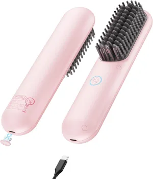 TYMO Cordless Hair Straightener Brush - Porta ECO Portable Straightening Brush for Travel, Mini Hot Ionic Straightener Comb for Women, Ceramic Coating, Lightweight for Touch-ups, No Charger, Pink