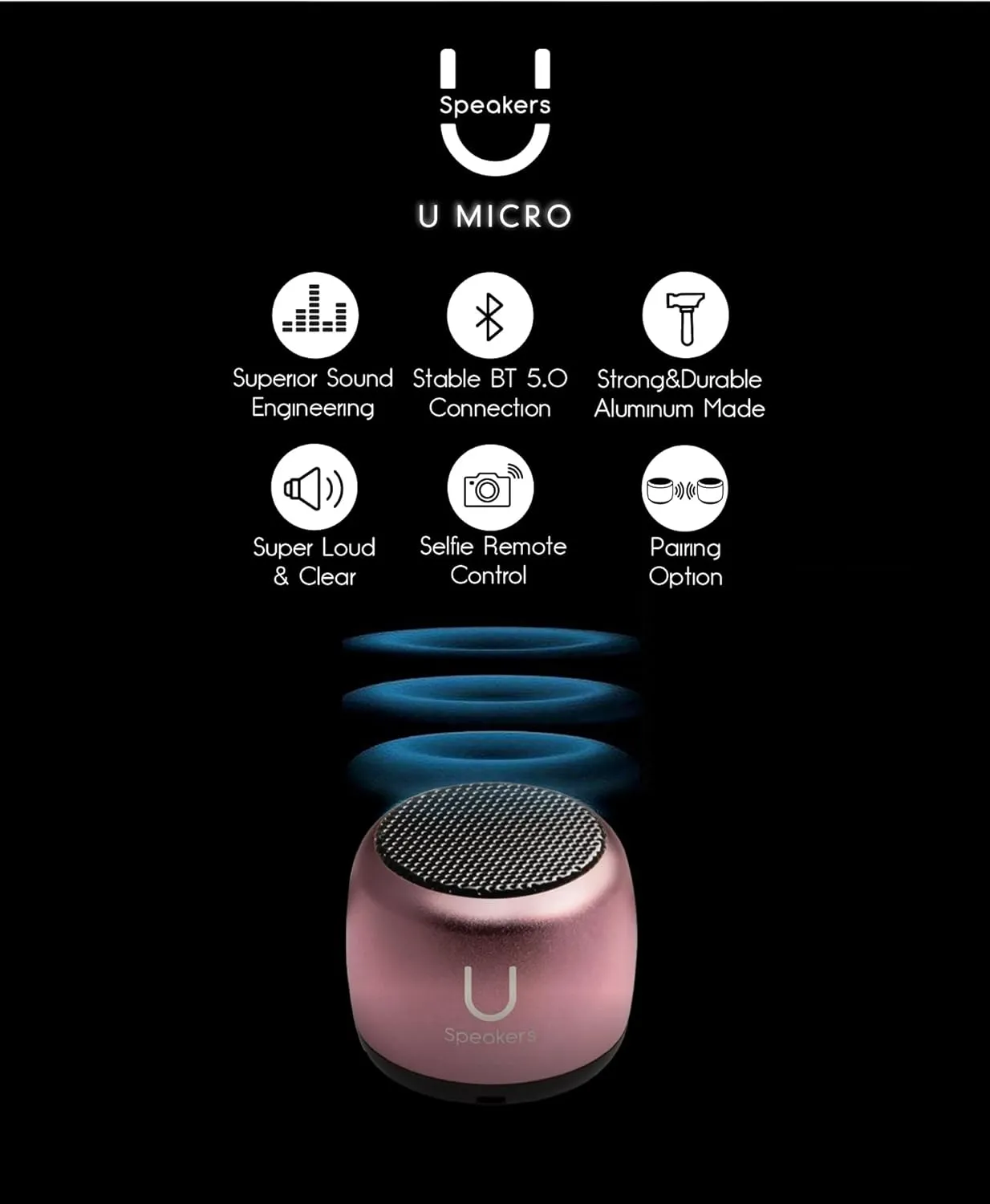 U Micro Speaker | Coin-Sized Portable Wireless Bluetooth 5.0 with Built-in Mic & Remote Shutter | Perfect Little Speaker for Home, Parties, Activities! Tiny Device, Rich Sound | Pink