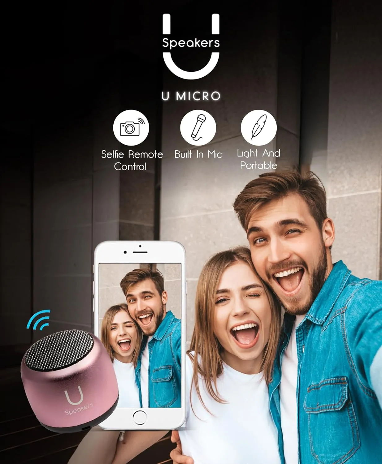 U Micro Speaker | Coin-Sized Portable Wireless Bluetooth 5.0 with Built-in Mic & Remote Shutter | Perfect Little Speaker for Home, Parties, Activities! Tiny Device, Rich Sound | Pink