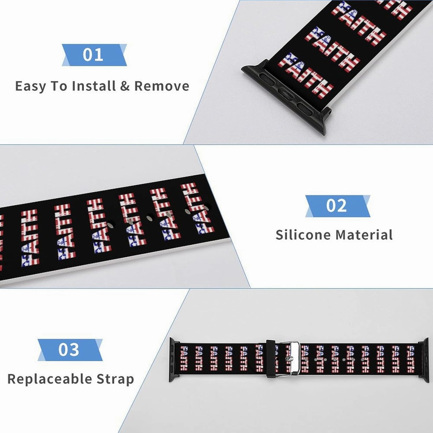 U.S. Flag Faith Adjustable Silicone Watchband Compatible with IWatch Classic Soft Sports Watch Strap for Men Women