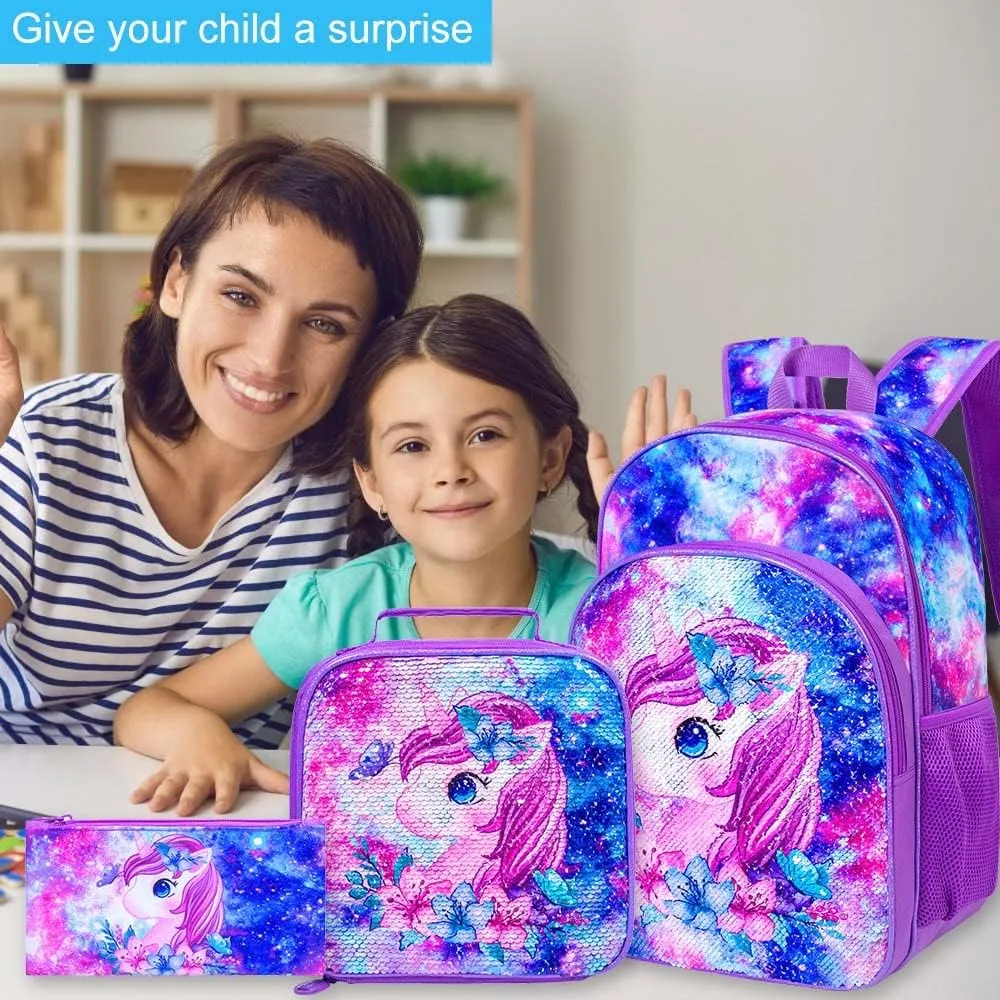 UFNDC 3PCS Girls Backpack, 16" Kids Bookbag with Lunch Box, Water Resistant School Bag for Elementary Preschool Toddler