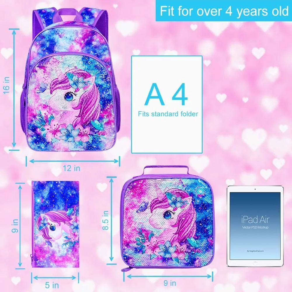 UFNDC 3PCS Girls Backpack, 16" Kids Bookbag with Lunch Box, Water Resistant School Bag for Elementary Preschool Toddler