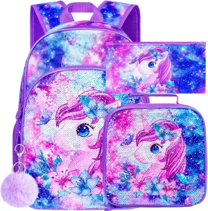 UFNDC 3PCS Girls Backpack, 16" Kids Bookbag with Lunch Box, Water Resistant School Bag for Elementary Preschool Toddler