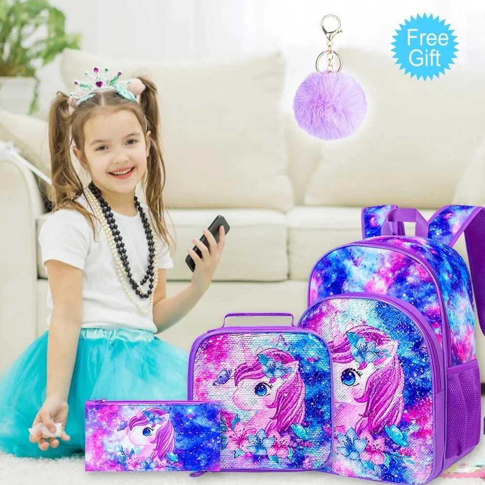 UFNDC 3PCS Girls Backpack, 16" Kids Bookbag with Lunch Box, Water Resistant School Bag for Elementary Preschool Toddler