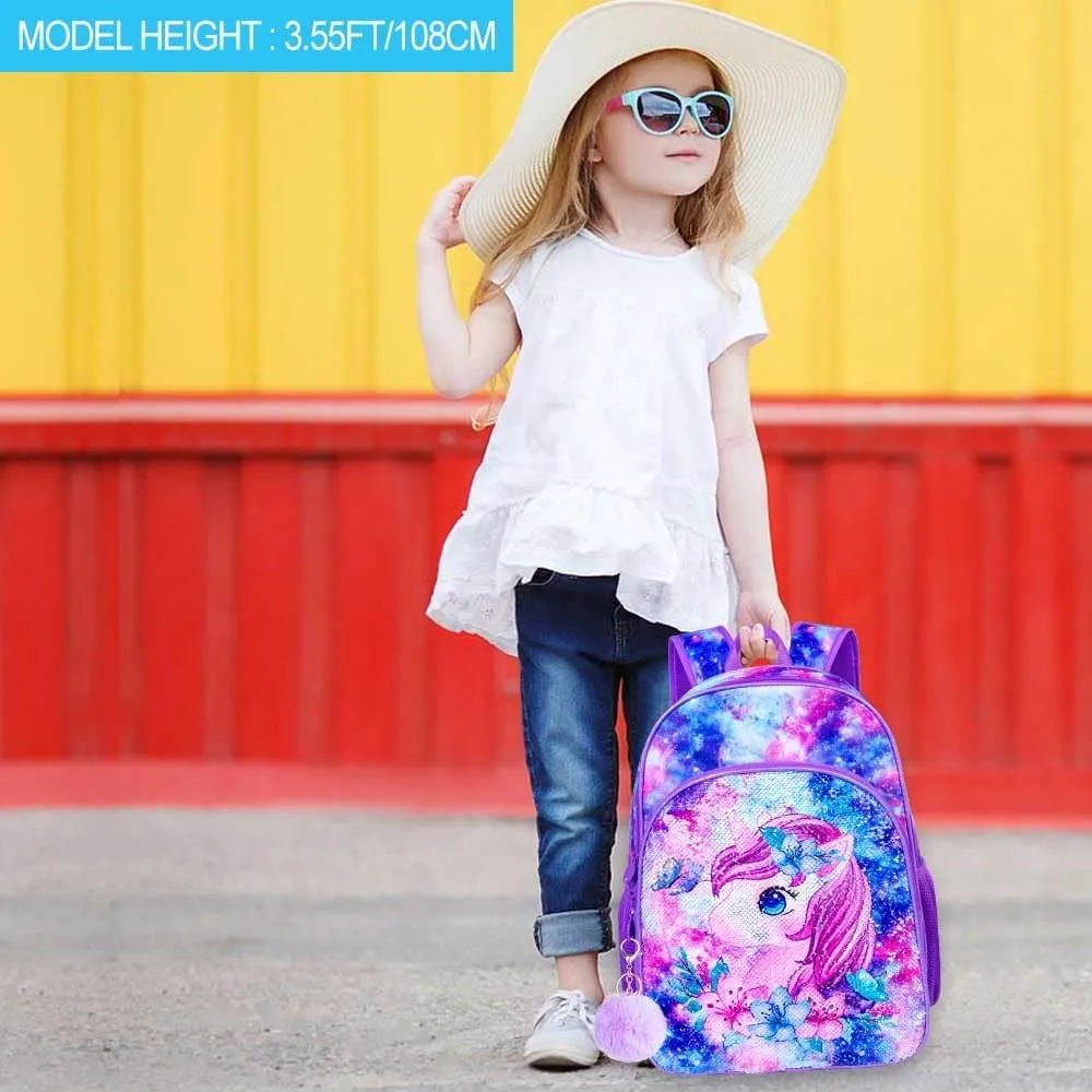 UFNDC 3PCS Girls Backpack, 16" Kids Bookbag with Lunch Box, Water Resistant School Bag for Elementary Preschool Toddler