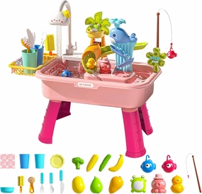 Upgraded Toddler Sand Water Table Toy with Electric Water Pump, Kids Sand Water with Faucet/Play Food Accessories/Fishing Toy, Kitchen Play Sink Toys for Girl Boy Age 3  (Pink)