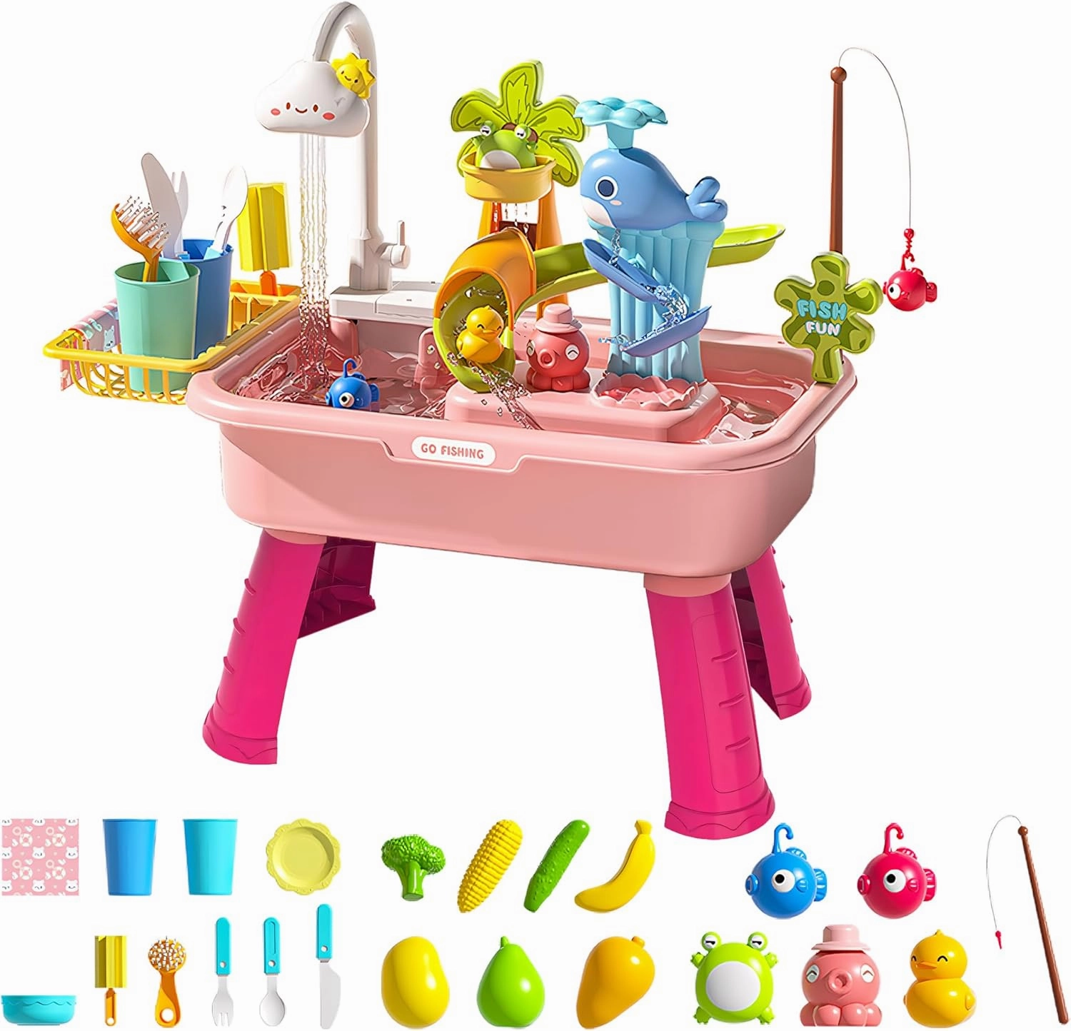 Upgraded Toddler Sand Water Table Toy with Electric Water Pump, Kids Sand Water with Faucet/Play Food Accessories/Fishing Toy, Kitchen Play Sink Toys for Girl Boy Age 3  (Pink)