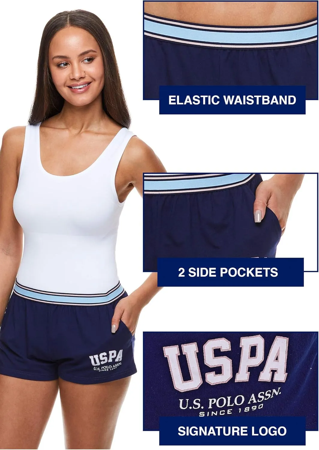 U.S. Polo Assn. Womens 3 Pack Elastic Waistband Pajama Sleep Shorts-Lounge