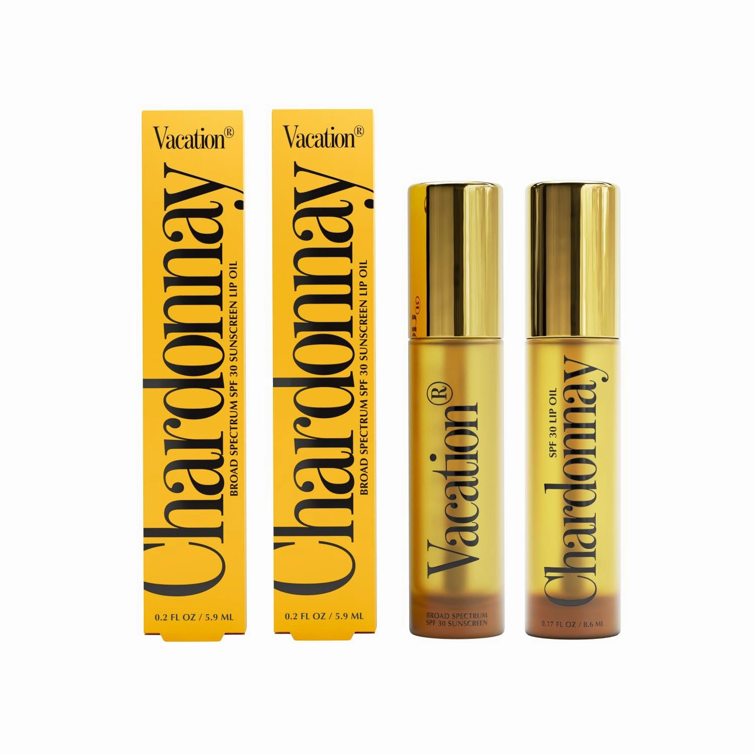 Vacation Chardonnay Lip Oil SPF 30, Sunscreen for Lips, Hydrating, Caramel Vanilla Flavored Lip Gloss, Clear Plumper, Non-Sticky Lip Balm, Vegan, 0.2 Fl. Oz. (Pack of 2)