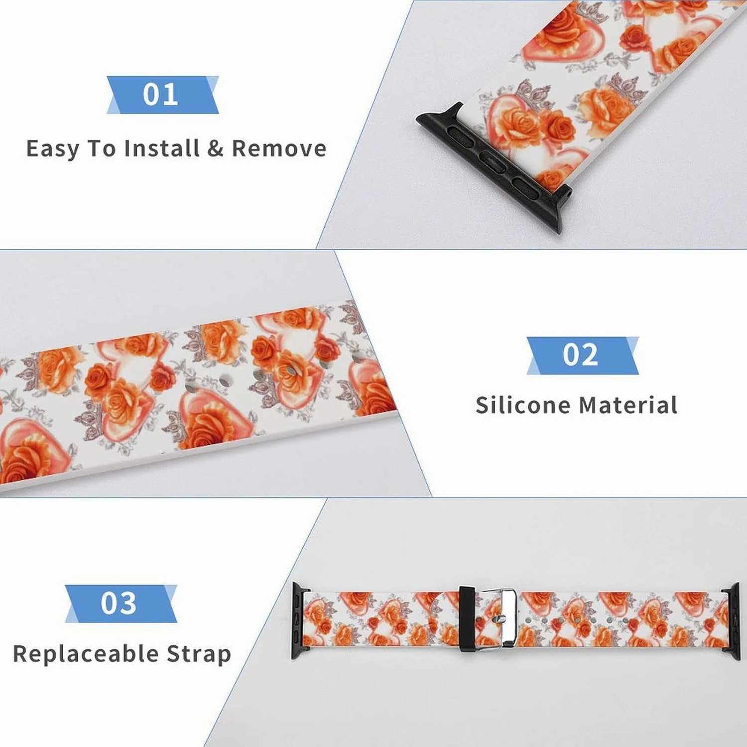 Valentine's Rose Heart Adjustable Silicone Watchband Compatible with IWatch Classic Soft Sports Watch Strap for Men Women