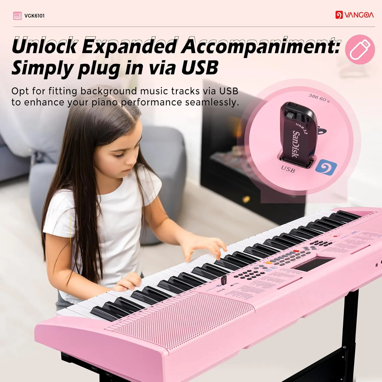 Vangoa Pink Piano Keyboard 61 Key, Electric Keyboard Kit Portable Music Keyboard for Kids Students with Microphone, 600 Tones, 400 Rhythms, 50 Demos, Gift for Beginners