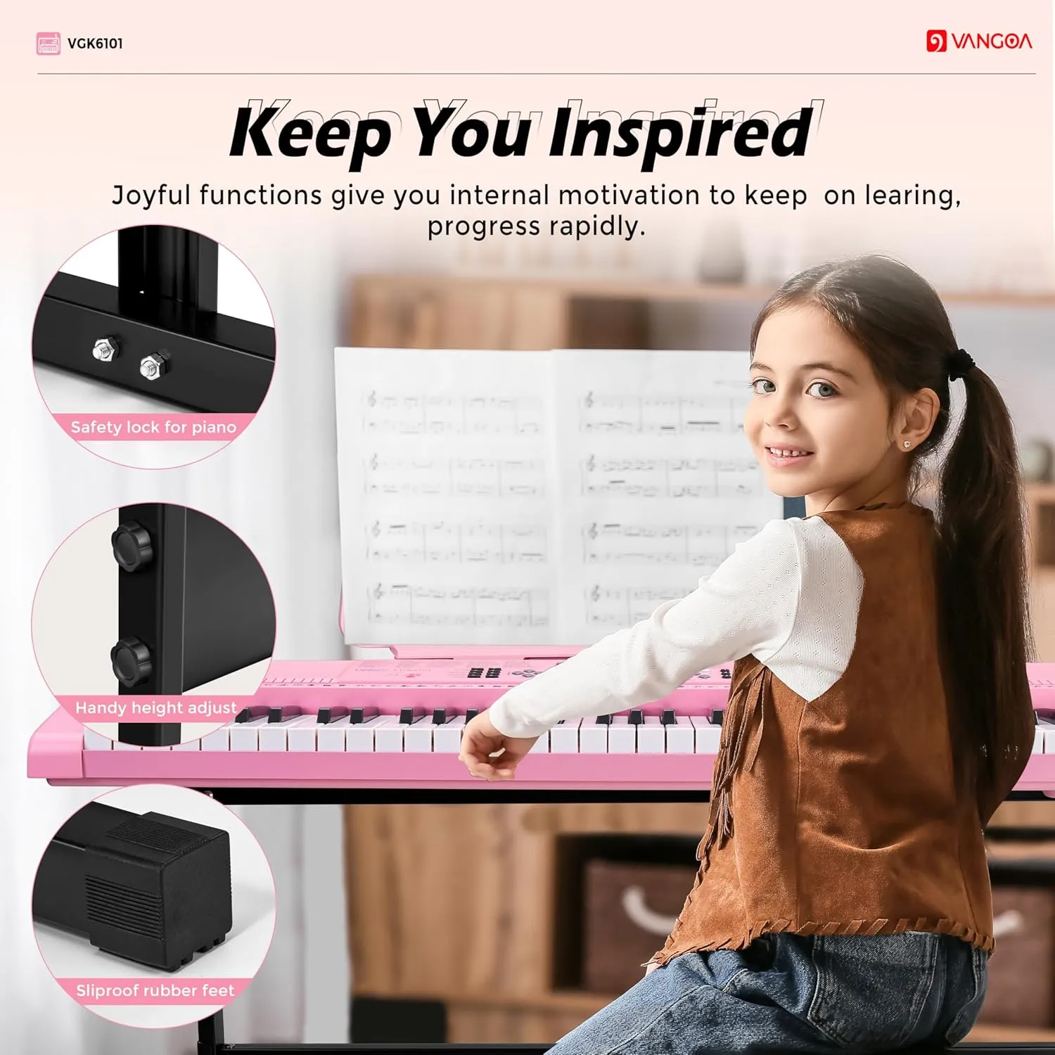 Vangoa Pink Piano Keyboard 61 Key, Electric Keyboard Kit Portable Music Keyboard for Kids Students with Microphone, 600 Tones, 400 Rhythms, 50 Demos, Gift for Beginners
