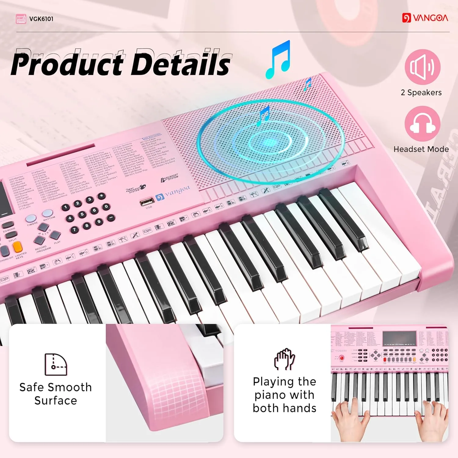 Vangoa Pink Piano Keyboard 61 Key, Electric Keyboard Kit Portable Music Keyboard for Kids Students with Microphone, 600 Tones, 400 Rhythms, 50 Demos, Gift for Beginners