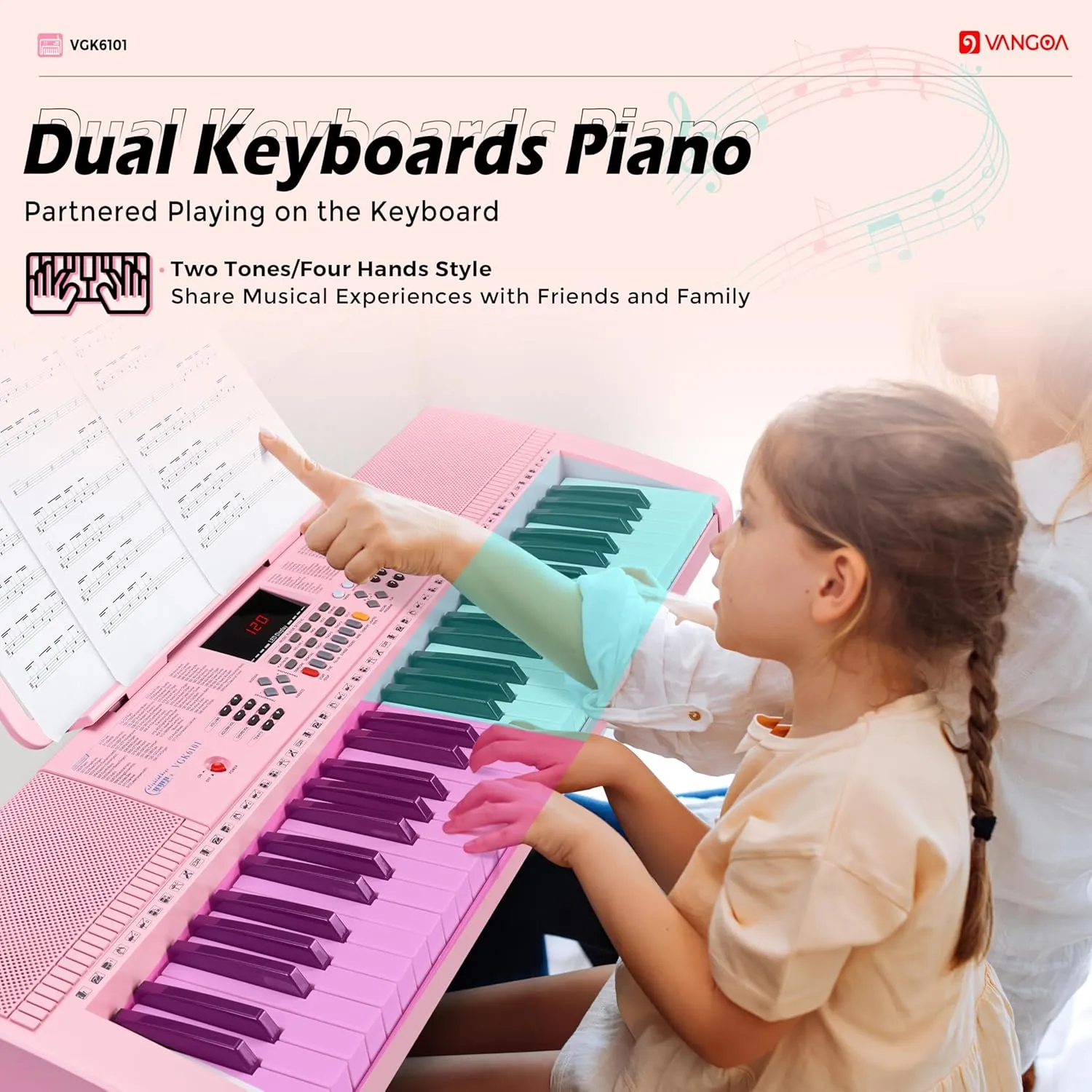 Vangoa Pink Piano Keyboard 61 Key, Electric Keyboard Kit Portable Music Keyboard for Kids Students with Microphone, 600 Tones, 400 Rhythms, 50 Demos, Gift for Beginners