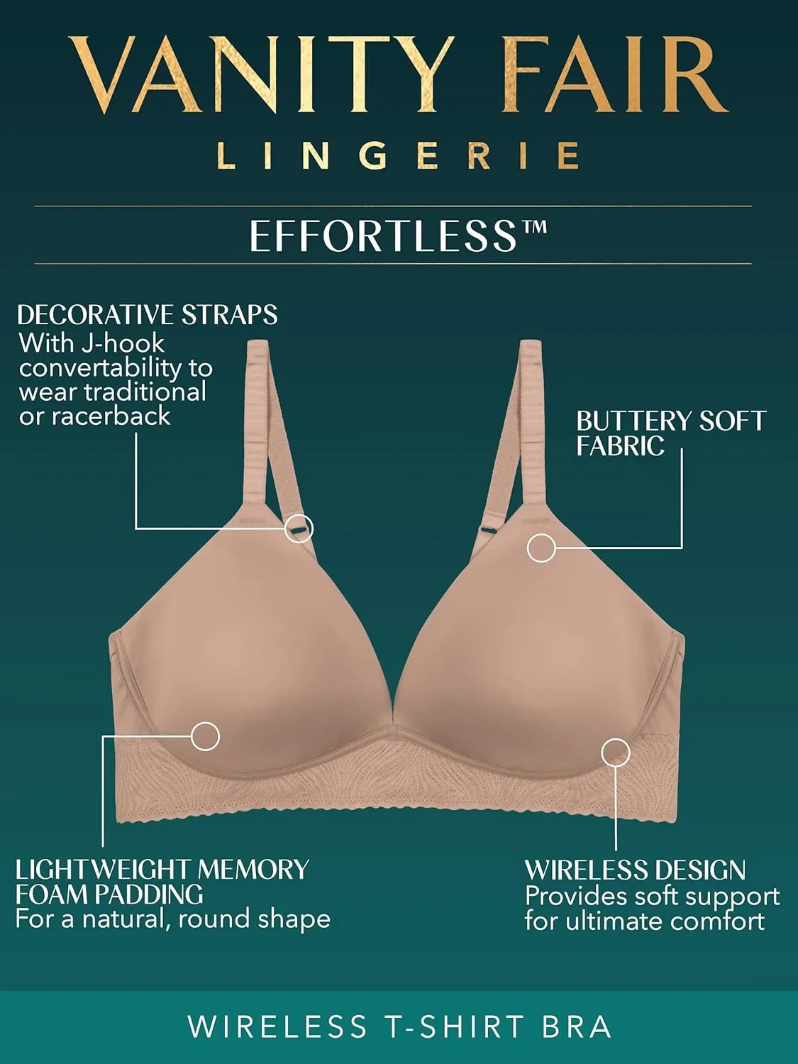 Vanity Fair Women's Effortless Wireless Bra, Buttery Soft Fabric & Lightweight Memory Foam Cups up to DD